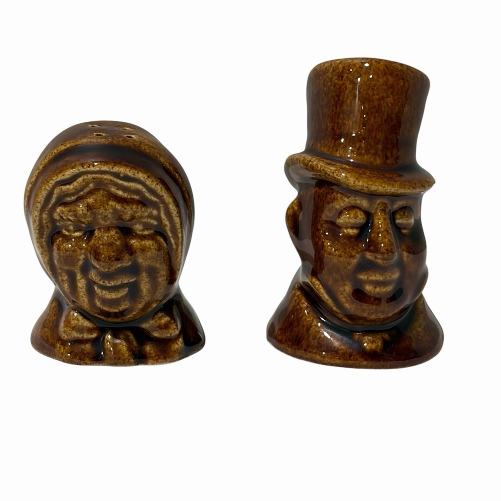 Vintage brown glaze Rockingham-glazed pottery salt pepper Colonial Man & Woman